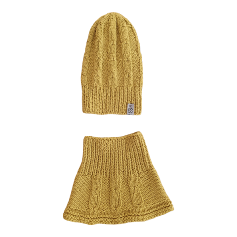 Czapka + komin z wełny merino robiona ręcznie musztardowa zdjęcie 1