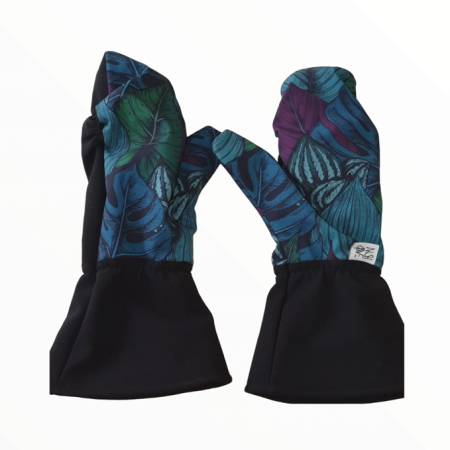 Rękawiczki Nishove - Softshell z wełną merino - czarny z printem w liście - ROZMIAR L