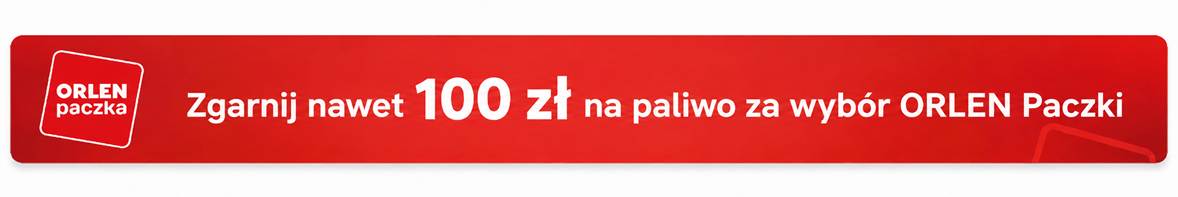 Zrób zakupy i wybierz dostawę ORLEN Paczka i otrzymaj 10 zł na paliwo na stacji ORLEN. Z promocji może skorzystać nawet 10 razy, zyskując łącznie do 100 zł na paliwo. Szczegóły akcji na: https://www.orlenpaczka.pl/wyciagaj-wiecej-niz-paczki/